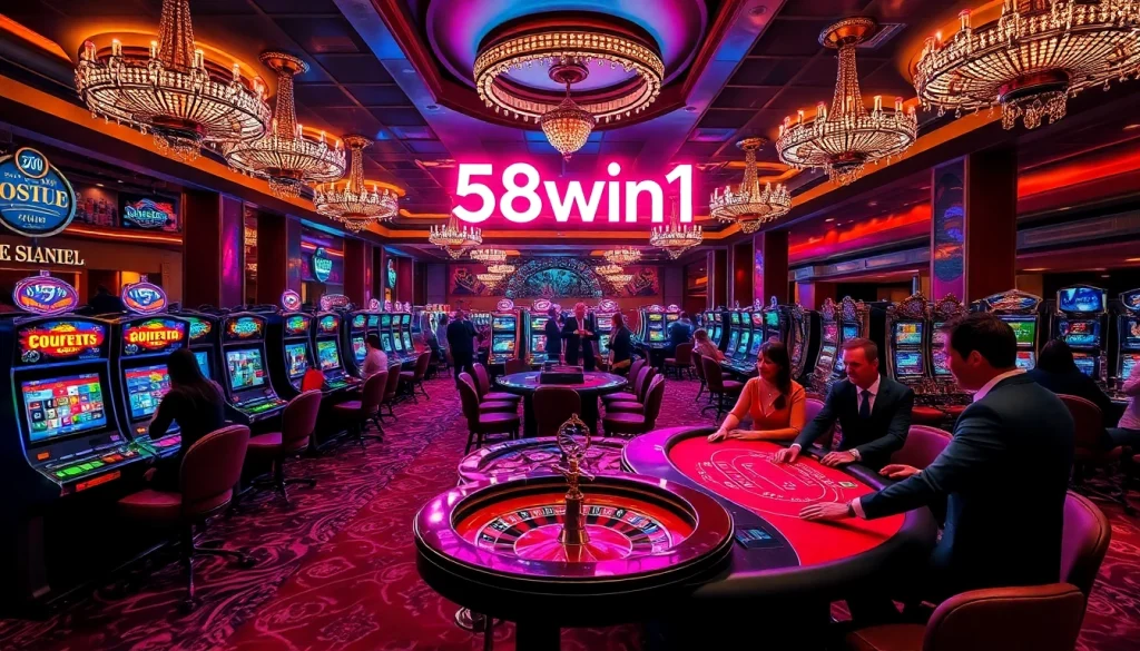 Exciting scene at the casino featuring '58win1' with players enjoying games around glamorous slot machines and tables.