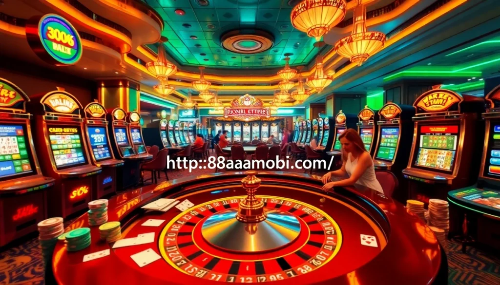 Experience the thrill of a vibrant casino atmosphere at https://88aamobi.com/ with players at the roulette table amid colorful slots.