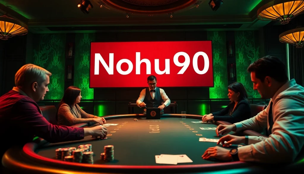 Nohu90 enhances the thrill of high-stakes gambling at a poker table, showcasing intense player engagement.